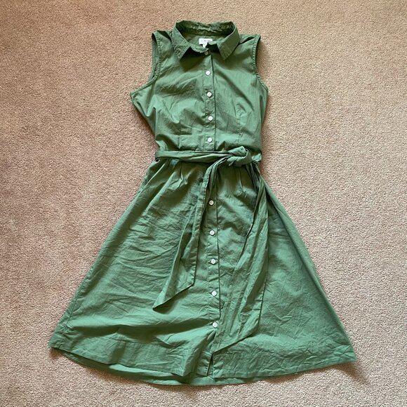 J.Crew Women’s 0 Green Sleeveless Belted Shirt Dress Collared A-Line Midi - Picture 1 of 7